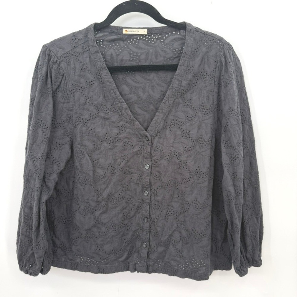 Marine Layer Eyelet Cardigan Top Women L Grey Cotton Boho Cottagecore Coquette